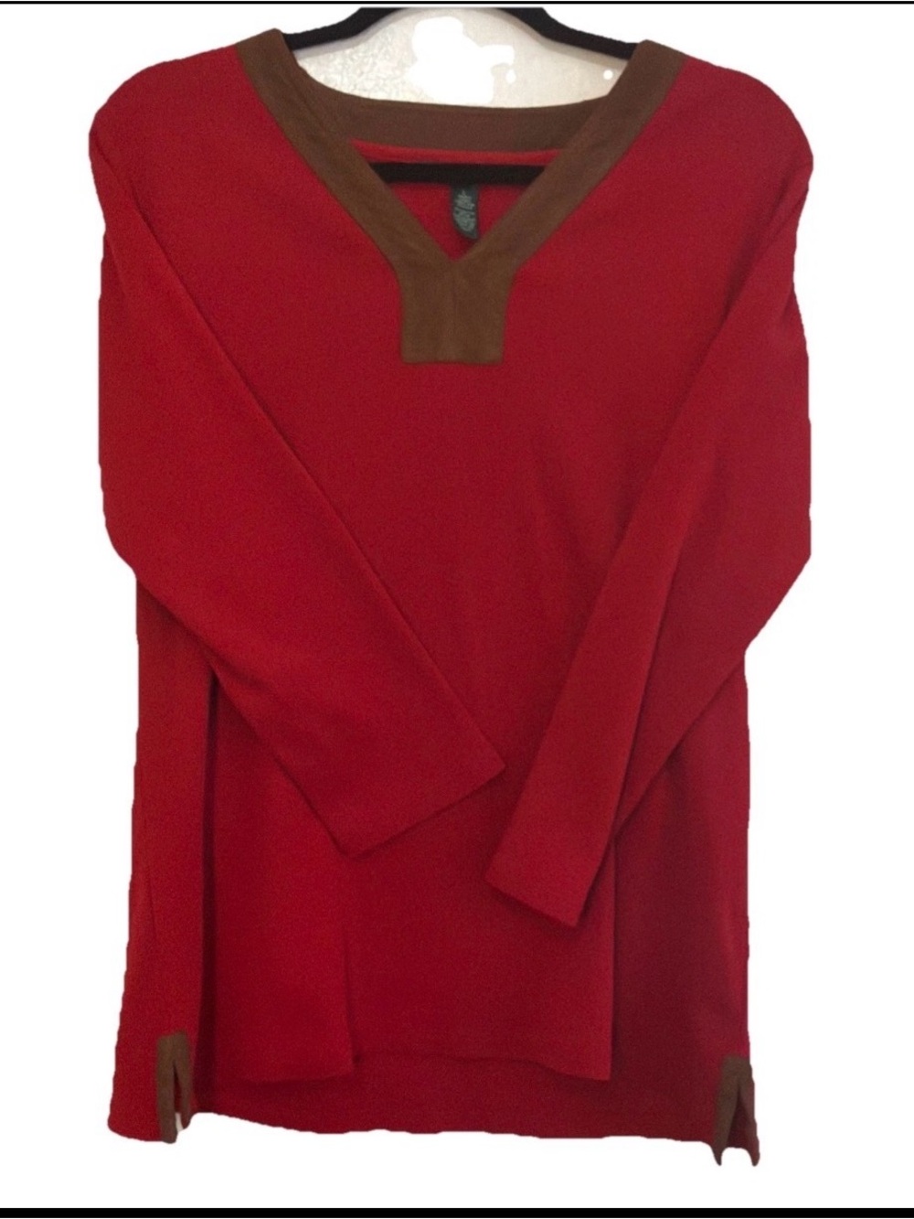 Lauren Ralph Lauren Faux Suede Trimmed V-Neck Tunic Top - Red - Size M